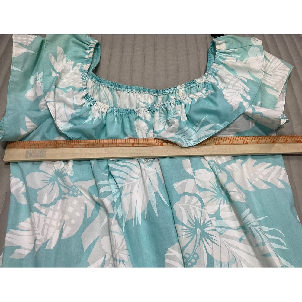 VTG 80/90s Kole Kole Hawaiian Aloha Muu Muu Ruffle Dress Aqua Monstera Women's S - Picture 9 of 16